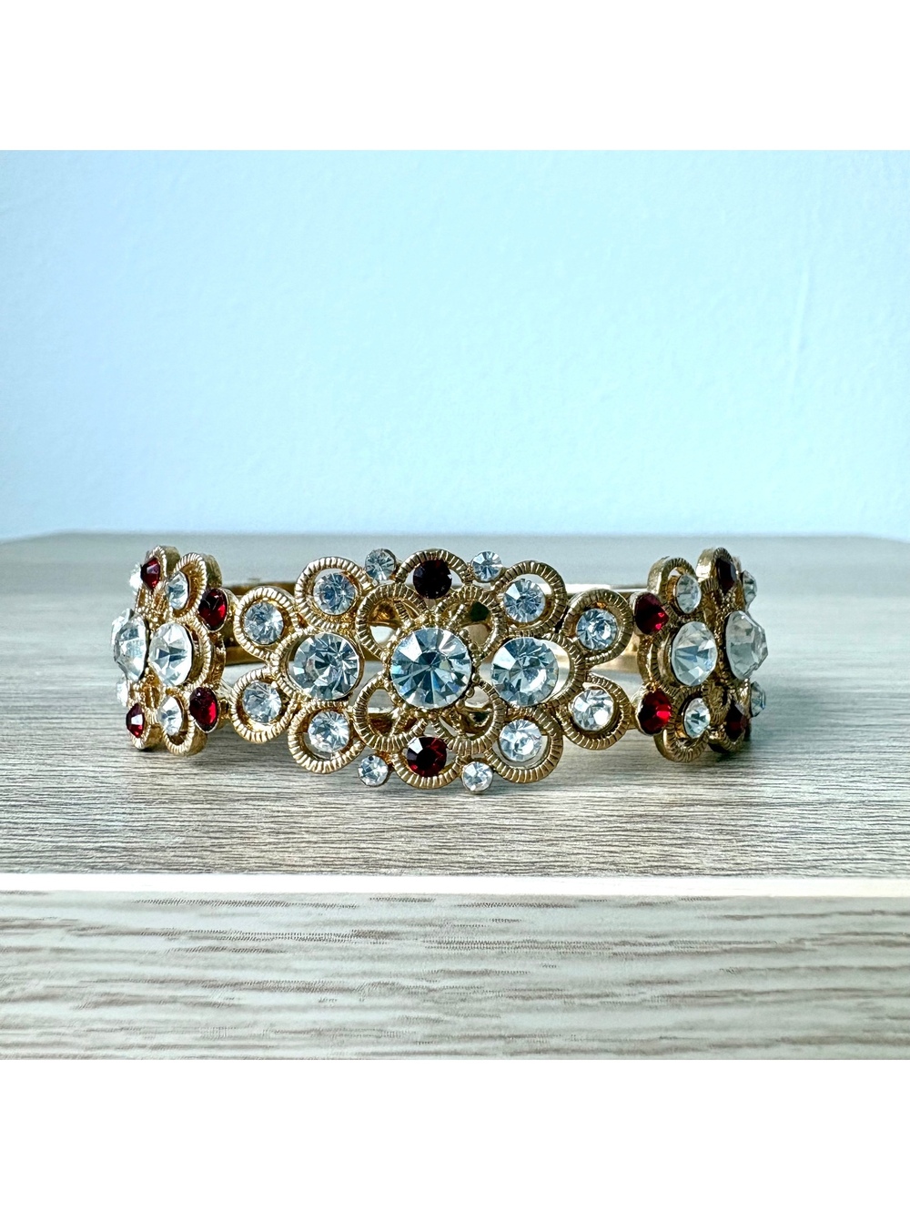 Vintage Gold Tone Cuff Bracelet Red and Diamond Floral Gems Costume Jewelry